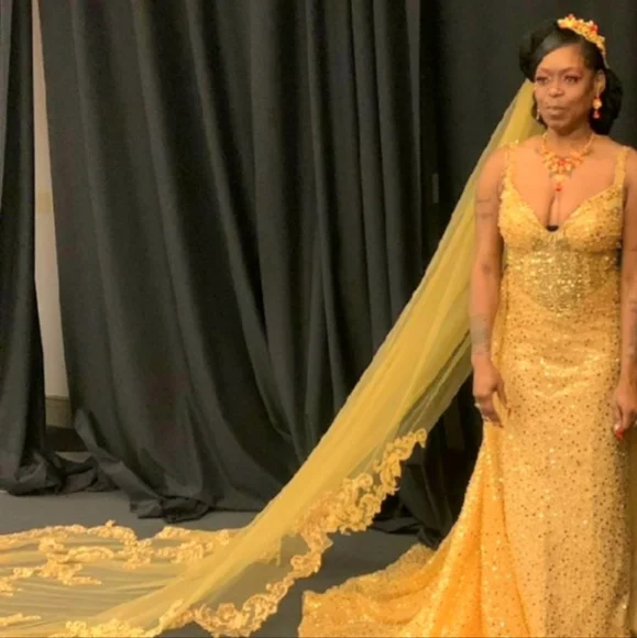 Dresses | Gold Breaded Wedding Dress With Train And Veil | Poshmark
